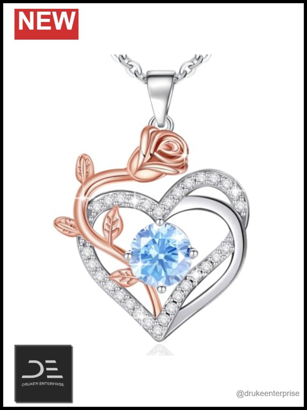 Sterling Silver Rose Heart Birthstone Pendant Necklace for Women